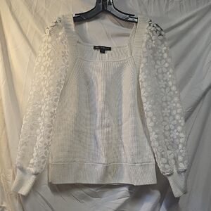 Boston Proper White Sweater with Floral Lace Sleeves